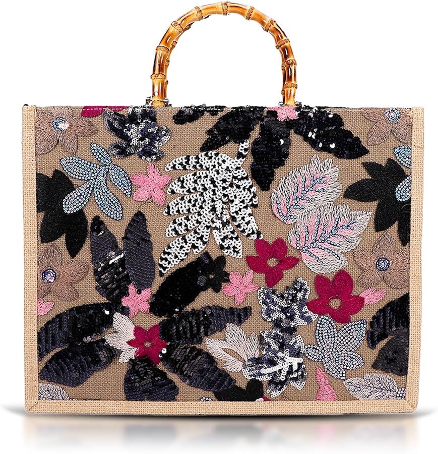 Tote Bag, Sackcloth Handbags for Women, Sequin Embroidery Beach Bags, Natural Bamboo Handle, Bohe... | Amazon (US)