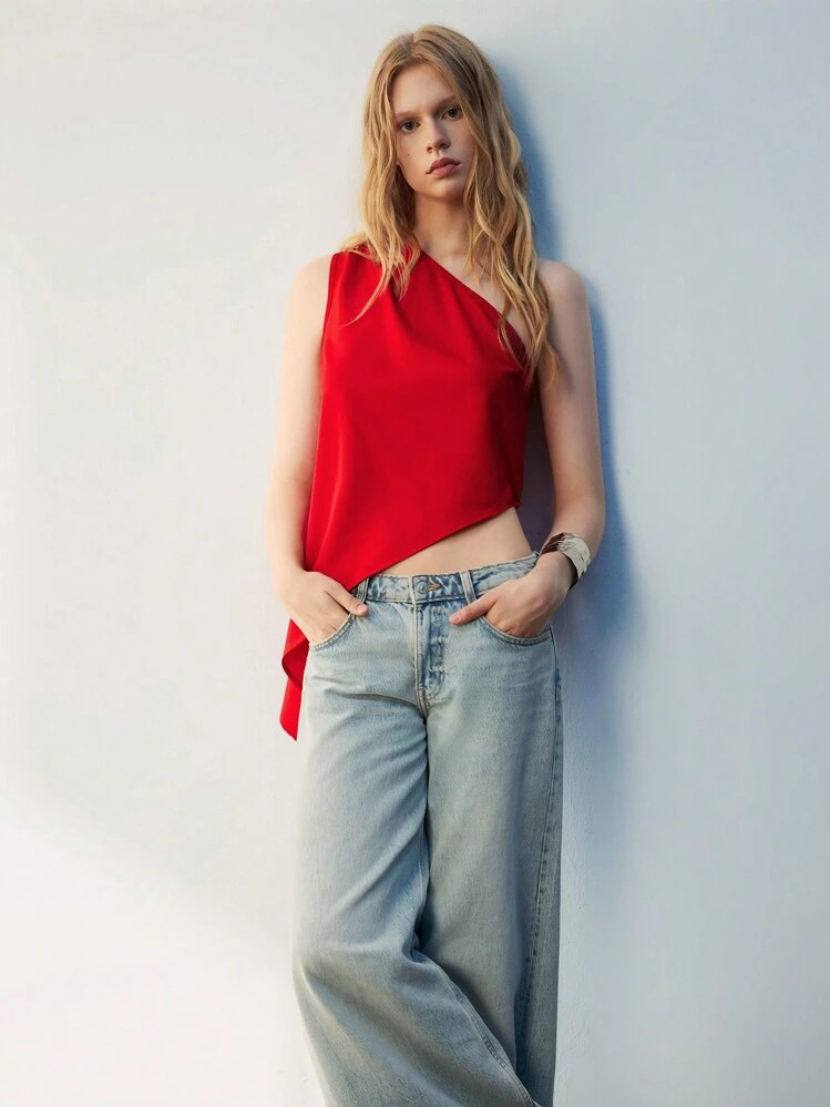 Maija Women's Red Solid Asymmetric Neck Design Top, Versatile Minimalist Urban Style Sleeveless Casual Top, Suitable For All Seasons And Valentine's Day,Going Out Tops,Autumn, Christmas St Patrick's Day Easter Party Top Beach Holiday Vacation Going Out Graduation | SHEIN