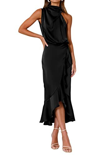 KIRUNDO Women 2025 Summer Fall Satin Mock Neck Wedding Guest Party Cocktail Midi Dress Sleeveless Wrap Ruffle Formal Dresses(Black, Small) | Amazon (US)
