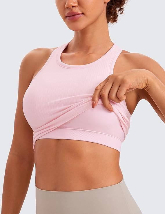 CRZ YOGA Seamless Ribbed High Neck Crop Tank Tops for Women - Longline Racerback Padded Sports Br... | Amazon (US)