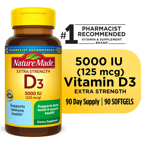 Nature Made Extra Strength Vitamin D3 5000 IU (125 mcg) Softgels - 90 ct | Instacart