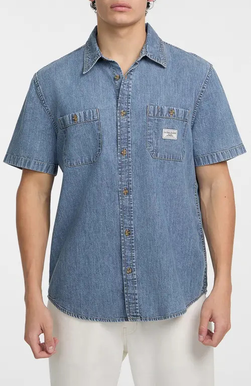 GUESS JEANS Short Sleeve Cotton Denim Button-Up Shirt in Medium Wash at Nordstrom, Size Small | Nordstrom