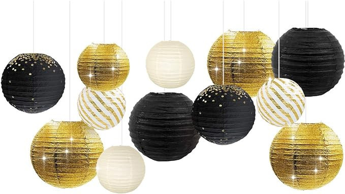 NICROLANDEE Black Gold Party Supplies - 12Pcs Black and Gold Metallic Foil Paper Lanterns Decorat... | Amazon (US)