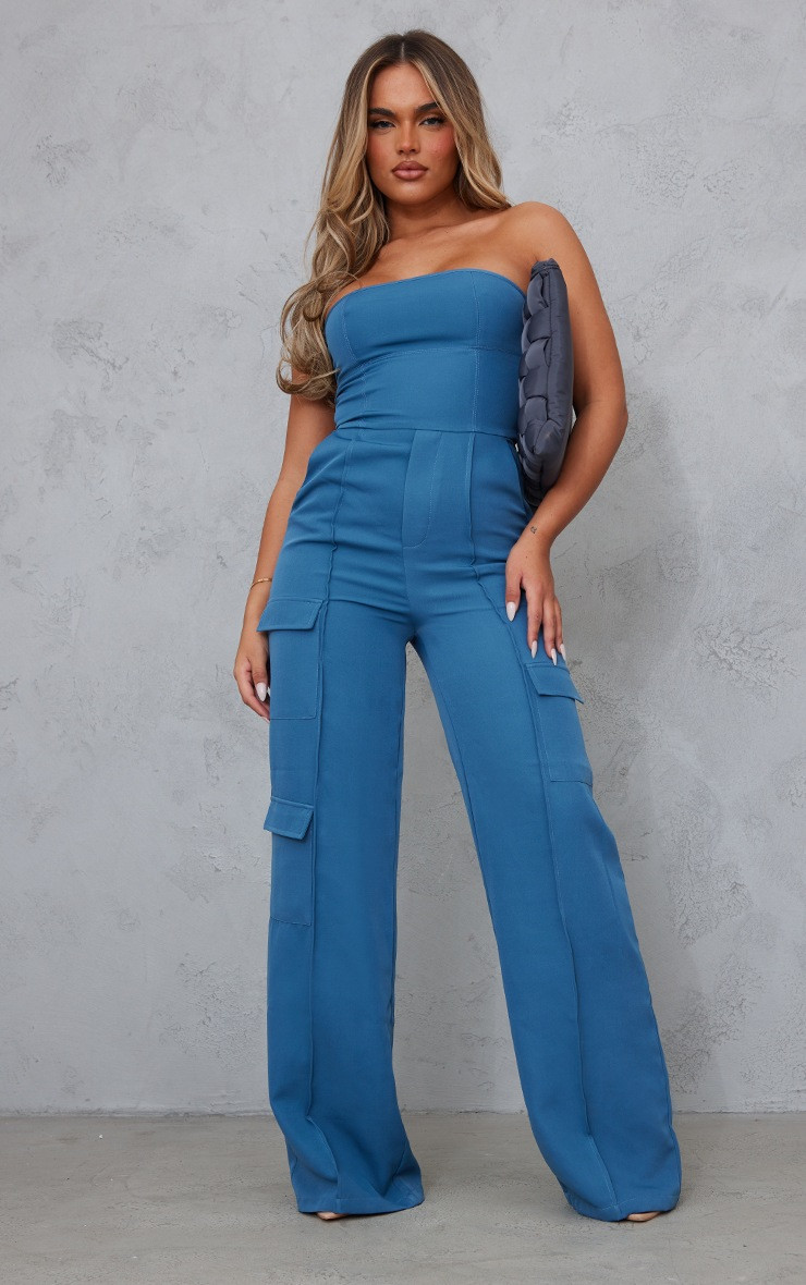 Steel Blue Woven Cargo Bandeau Pocket Detail Jumpsuit | PrettyLittleThing US