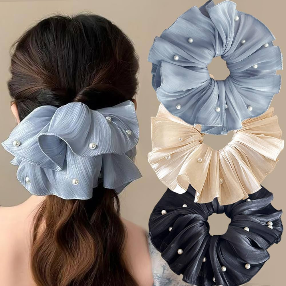 3Pcs Flowing Satin Scrunchies for Women Big Scrunchie with Pearl Pleated Satin Scrunchie Elastic ... | Amazon (US)