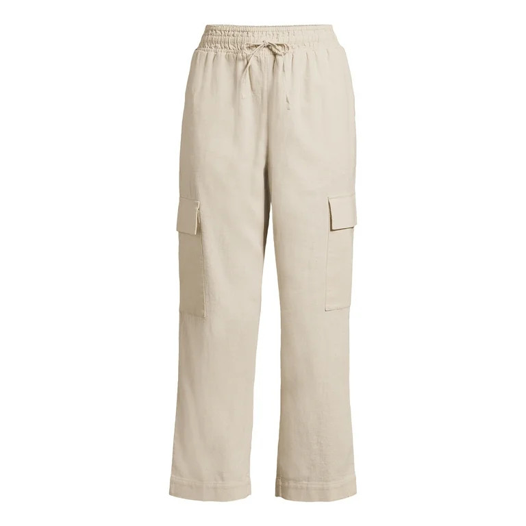 Time and Tru Women's High Rise Pull on with Drawstring Straight Leg Cargo Linen Pants, 27" Inseam... | Walmart (US)