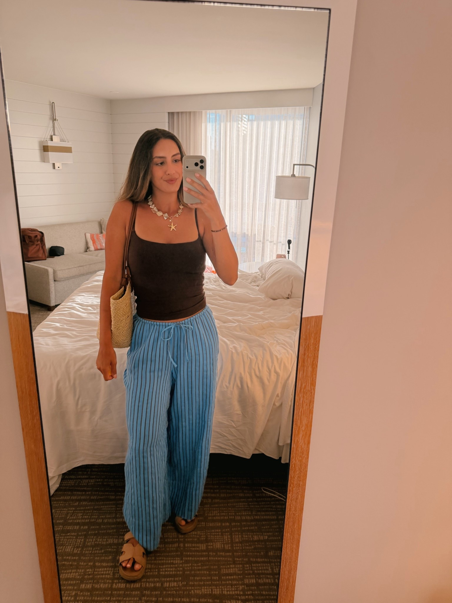 Casual linen stripe pant set for vacation! Dinner on vacation outfit 🦋🤎🐬🥥🐟🐠 beach vibes casual outfits for summer vacation easy comfy summer outfit stripe linen pants 

#LTKdayinmylife #LTKTravel #LTKootd