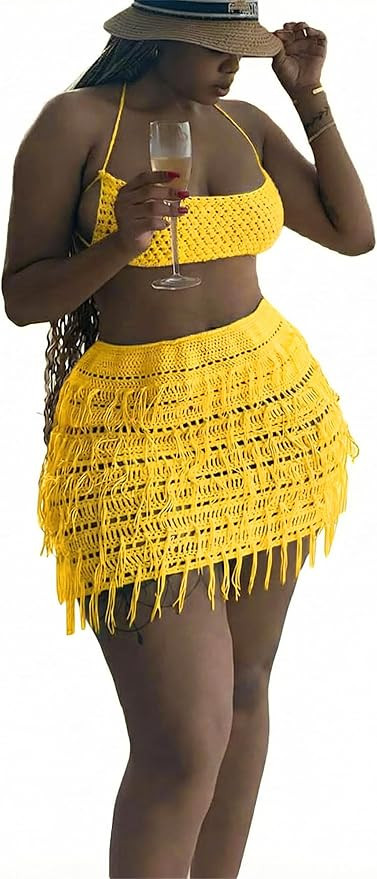 CALEBGAR Women 2 Piece Outfits Sexy Crochet Mini Dress Hollow Tassel Skirts Sets Summer Bandage T... | Amazon (US)