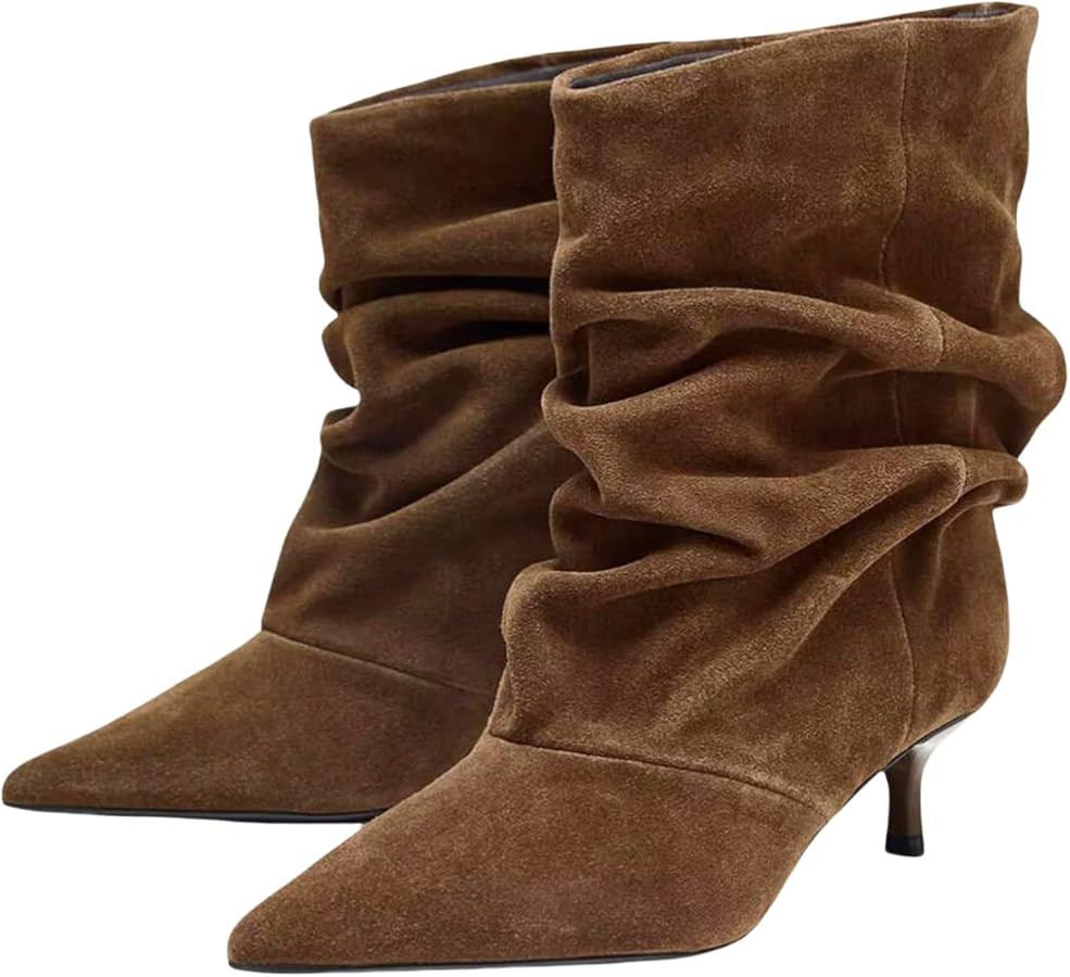 Womens Kitten Heel Slouchy Ankle Boots Pull On Pointed Toe | Amazon (US)