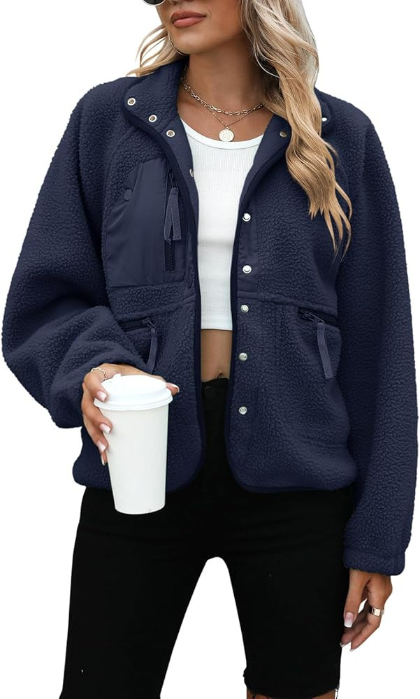 Yanekop Womens Fleece Jacket Fuzzy Long Sleeve Short Coats Button Down Sherpa Outerwear with Pock... | Amazon (US)