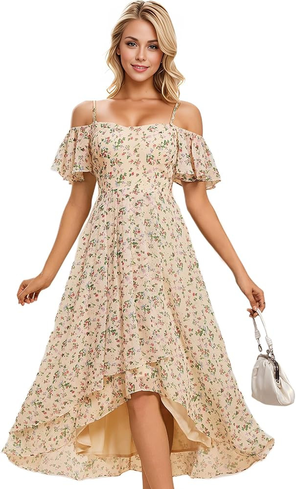 Ever-Pretty Women's Summer Cold Shoulder Hi-Lo Asymmetrical Hem Flowy Chiffon Short Wedding Guest... | Amazon (US)