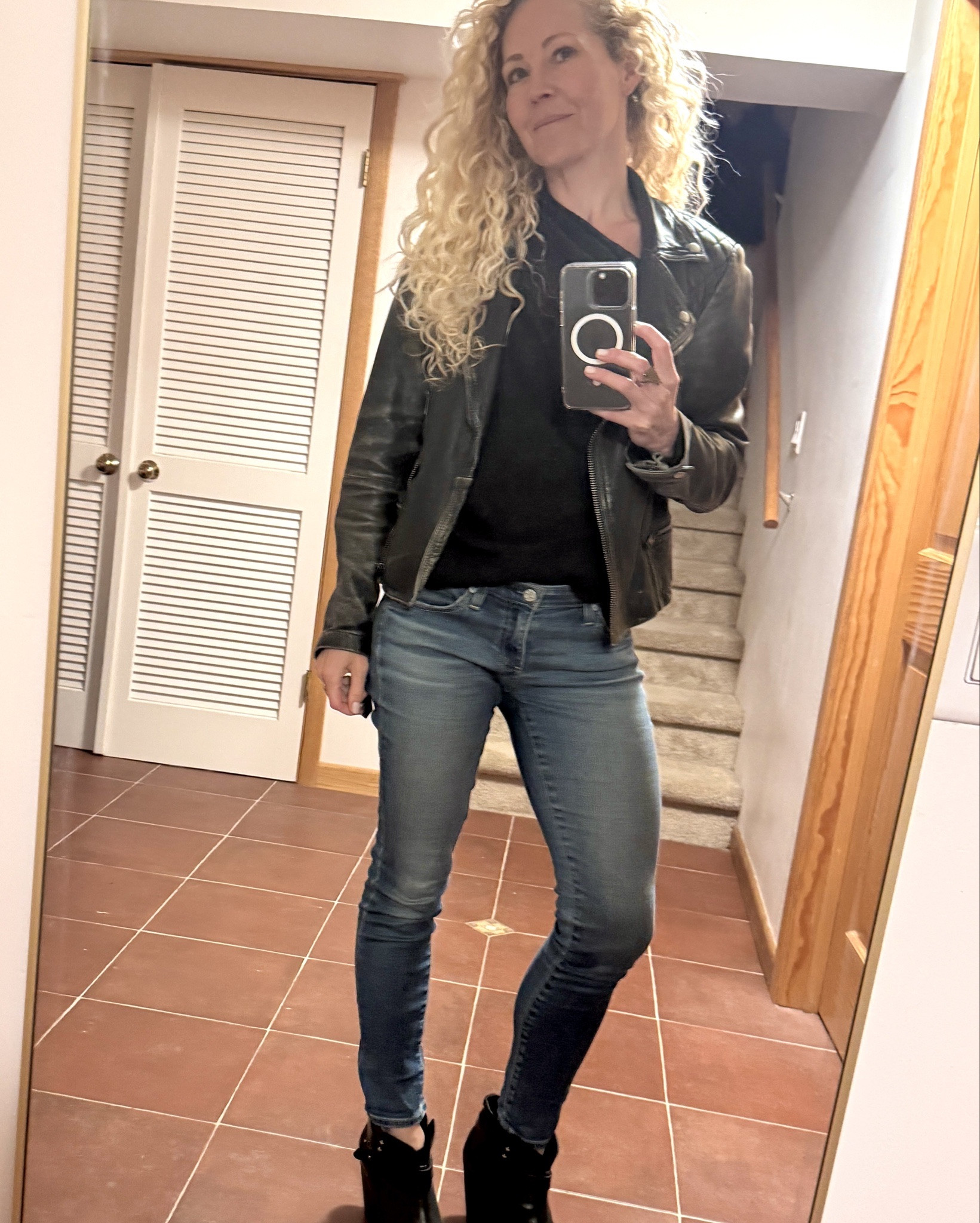 Winter night out: My longtime love the softest, perfectly stretchy AG ankle skinny jeans, All Saints moto leather jacket, & Rag & Bone black booties.

#LTKOver40 #LTKdayinmylife #LTKActive