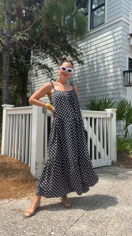 Black and white polka dot tie shoulder swimsuit and matching maxi dress coverup, white Target sunglasses 

#LTKBump #LTKSwim