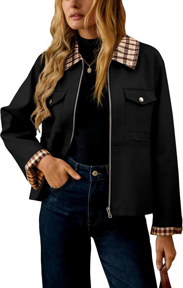 UEAL Womens Plaid Casual Barn Jacket 2026 Long Sleeve Zip Up Spring Outfits With Pockets | Amazon (US)