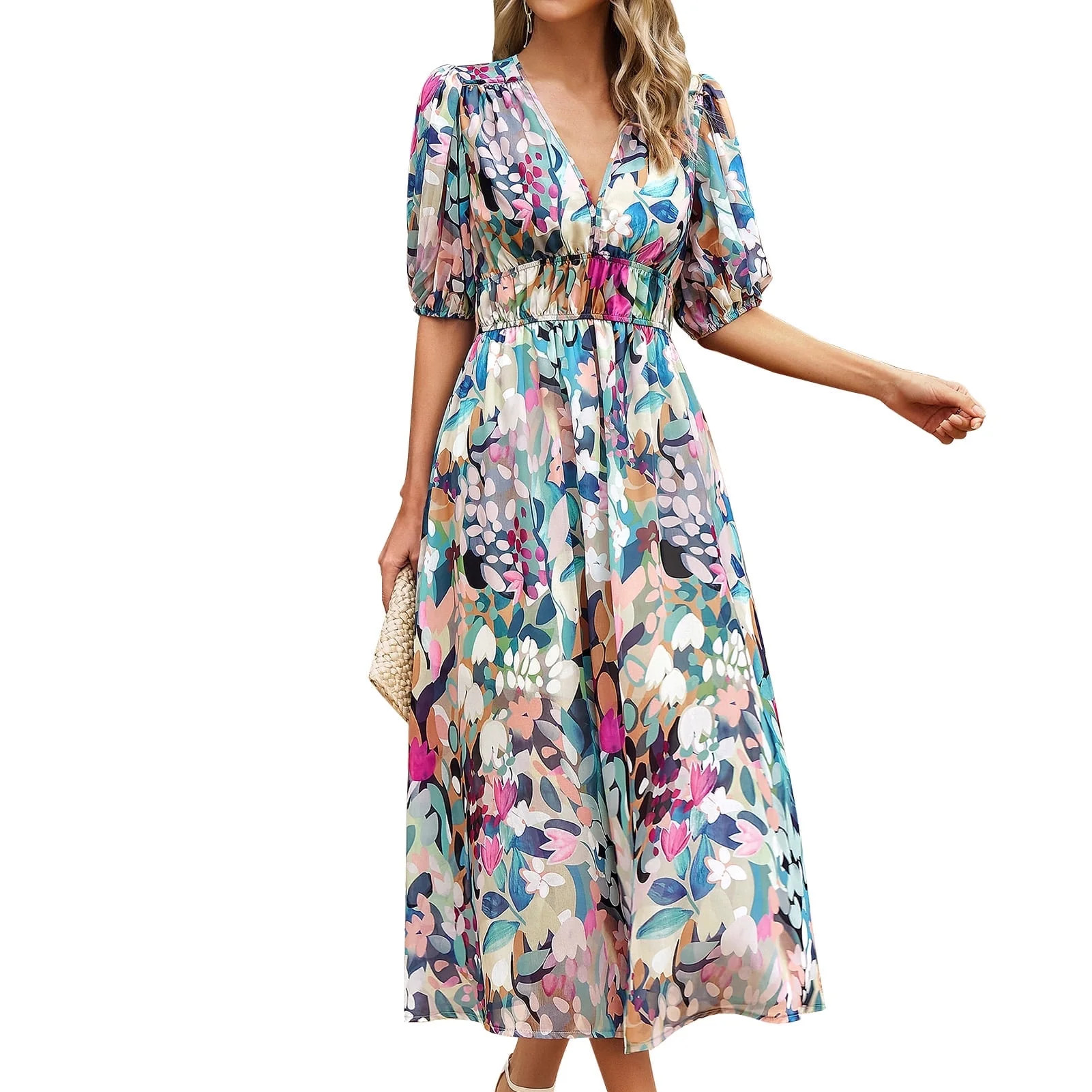 IDOPIP Womens Summer Short Sleeve V Neck Wrap Maxi Dress Casual Boho Floral Wedding Guest Dresses | Walmart (US)