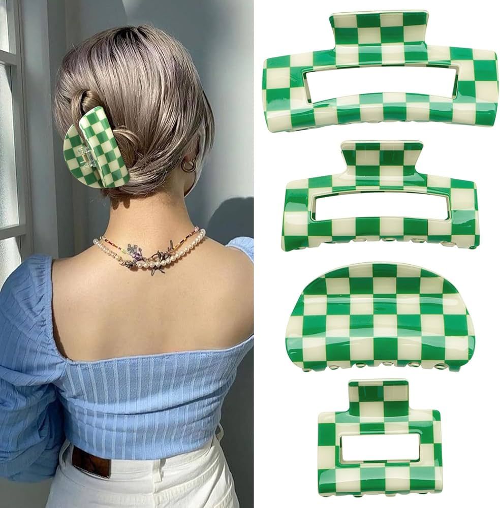 CHANACO Checkered Claw Clip 4 Pcs Checkered Hair Clip Large Claw Clips for Thick Hair Green Torto... | Amazon (US)