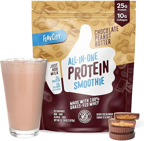 FlavCity Protein Powder Smoothie, Chocolate Peanut Butter - 100% Grass-Fed Whey Protein Smoothie ... | Amazon (US)