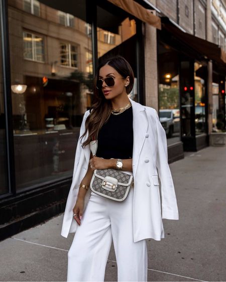 Summer outfit for work
White blazer
White wide leg pants
Black bodysuit
Gucci horsebjt mini bag 

#LTKfindsunder100 #LTKworkwear #LTKSeasonal