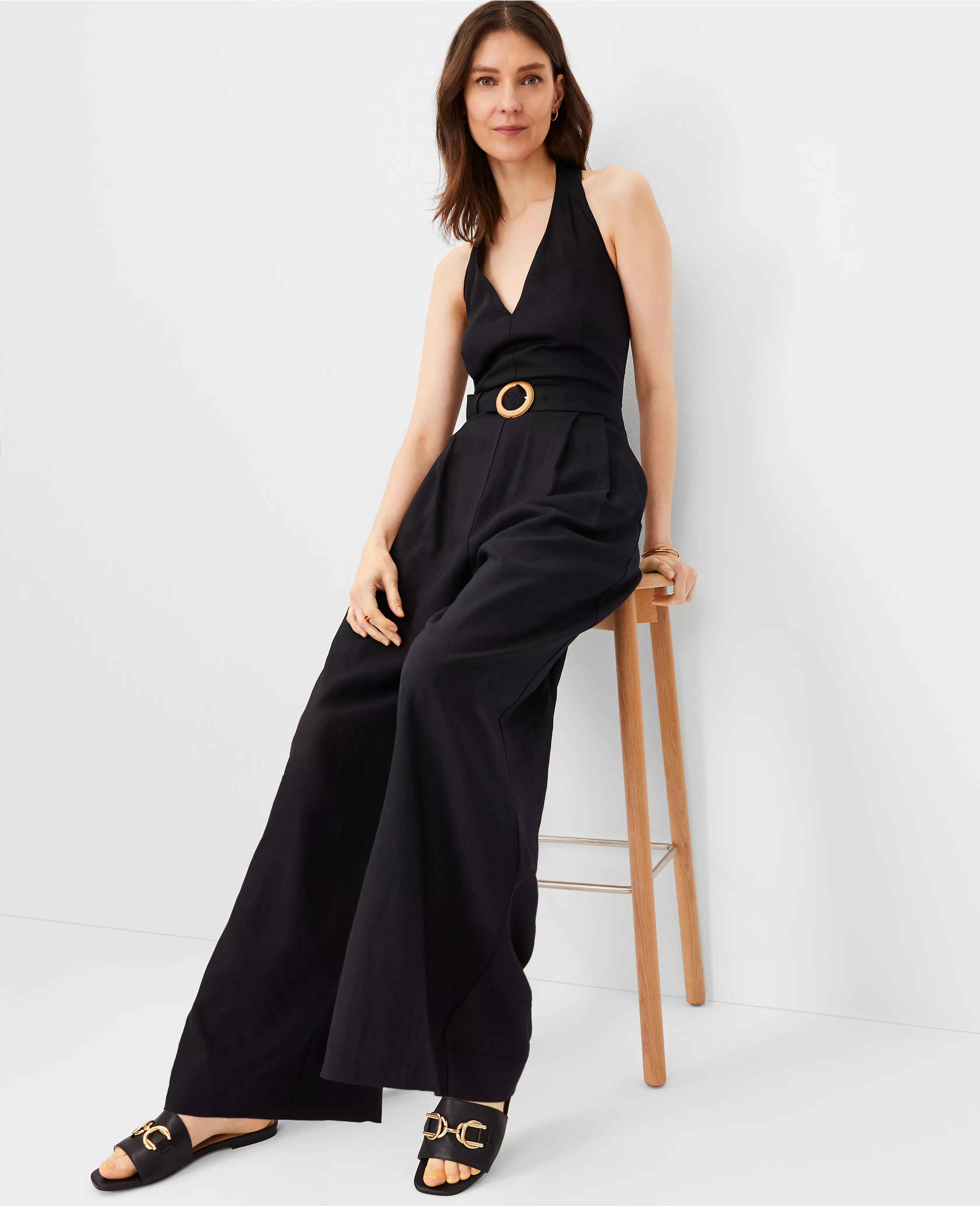 Linen Blend Belted Halter Jumpsuit | Ann Taylor (US)