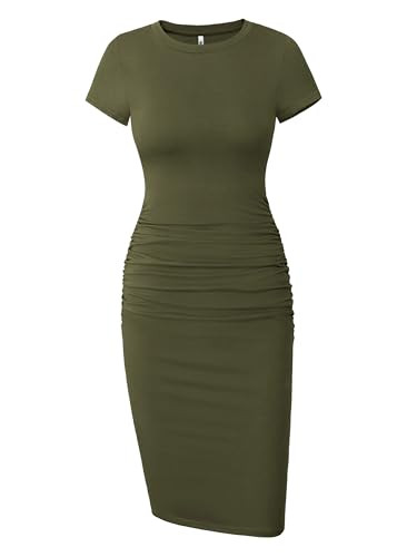 Missufe Women's Ruched Casual Sundress Knee Length Bodycon Sheath Dress (Army Green, X-Large) | Amazon (US)
