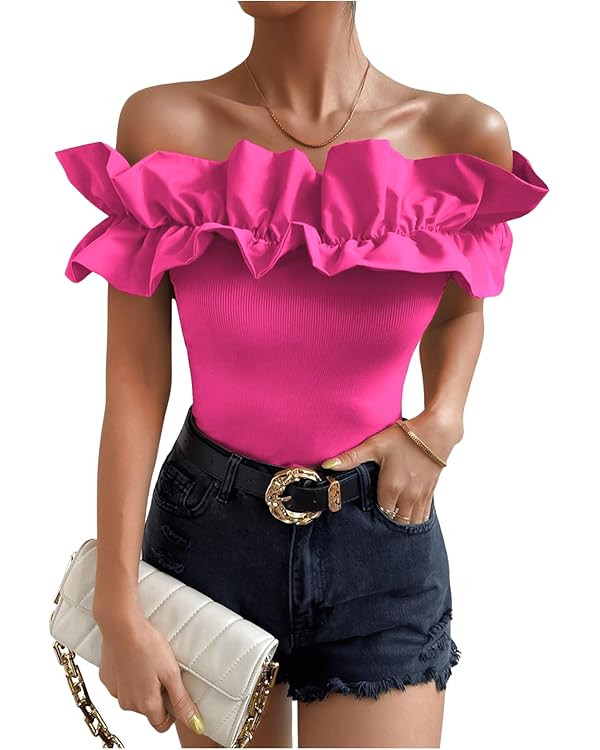 OYOANGLE Women's Ruffle Trim Off Shoulder Short Sleeve Blouse Party Tops Shirt | Amazon (US)