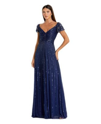 Women's Beaded Cap Sleeve V-Neck A-Line Evening Gown | Macy's