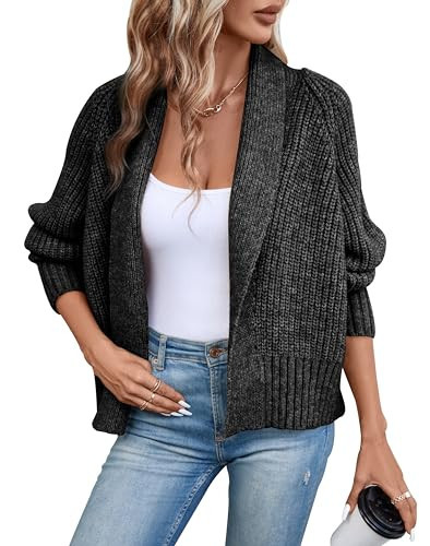 Yingkis Women's Cardigan Sweaters Fall Winter Open Front Batwing Long Sleeve Shawl Neck Chunky Knit Loose Outwear Coats,Black 2XL | Amazon (US)