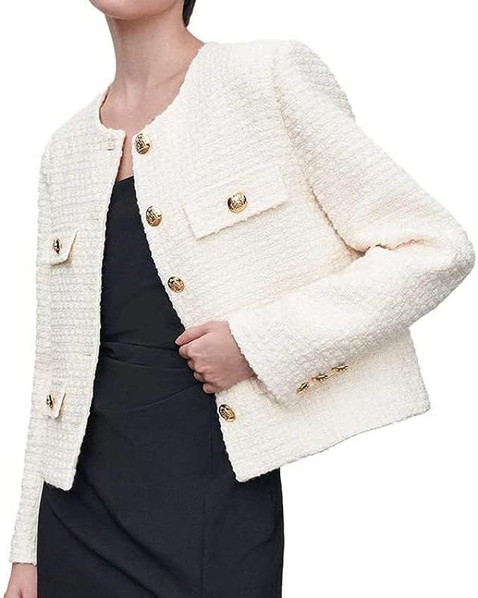 URBAN REVIVO Women's Long Sleeve Cropped Tweed Jacket with Pocket Elegant Slim Fit Work Office Bu... | Amazon (US)