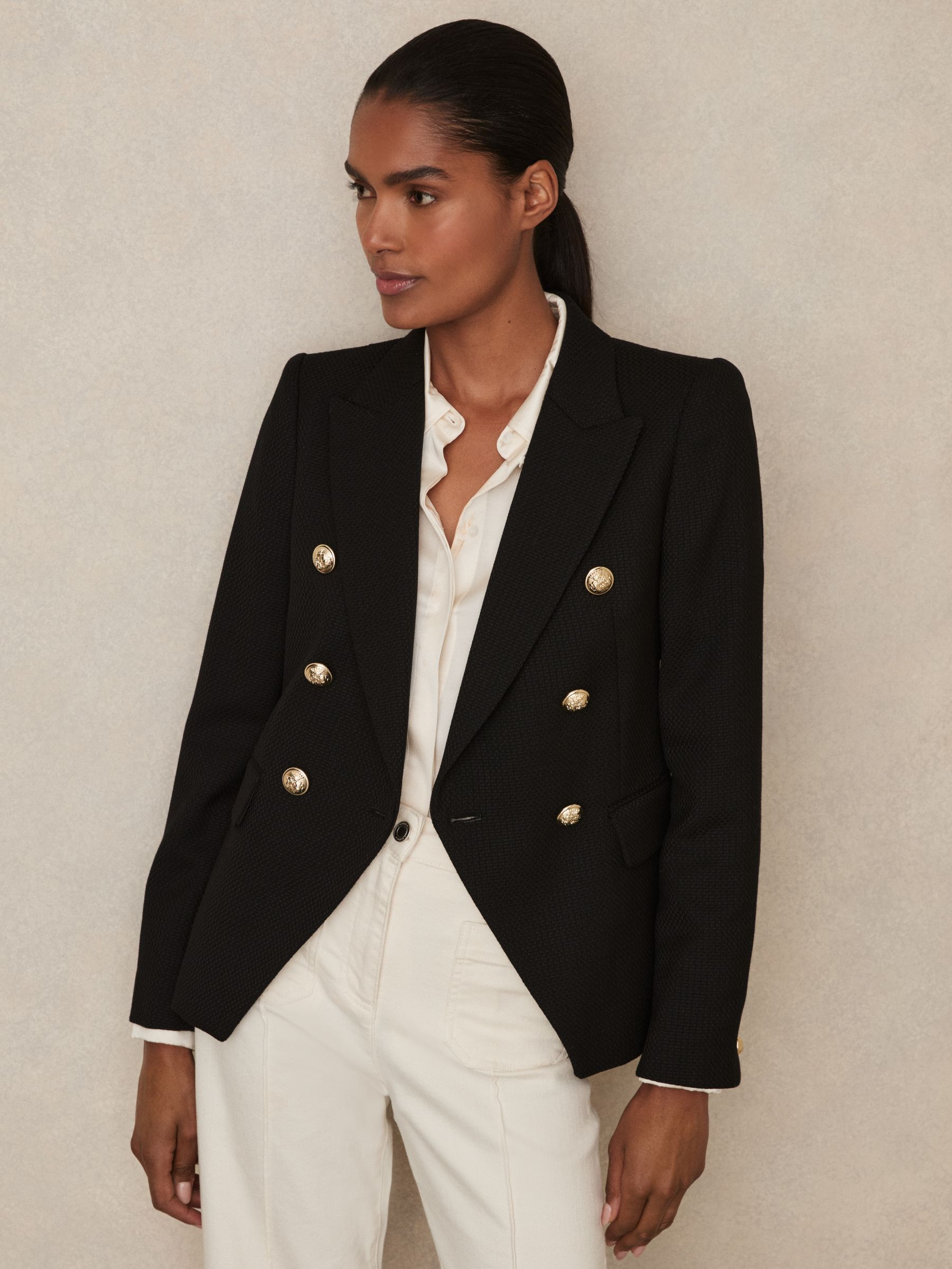 Tailored Fit Textured Double Breasted Blazer in Black | Reiss DE