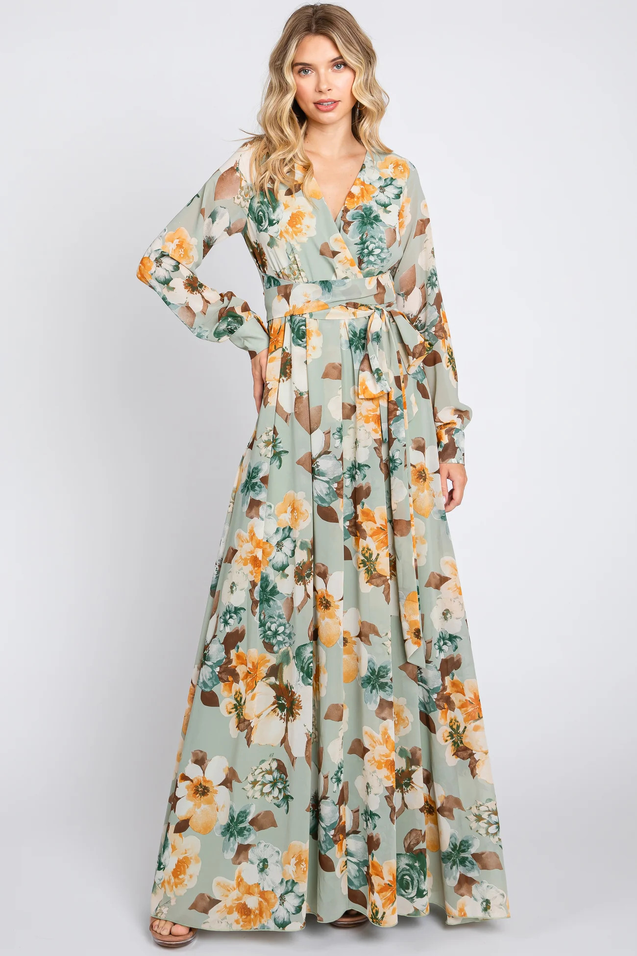 Mint Green Floral Chiffon Wrap Front V-Neck Long Sleeve Maxi Dress | PinkBlush Maternity
