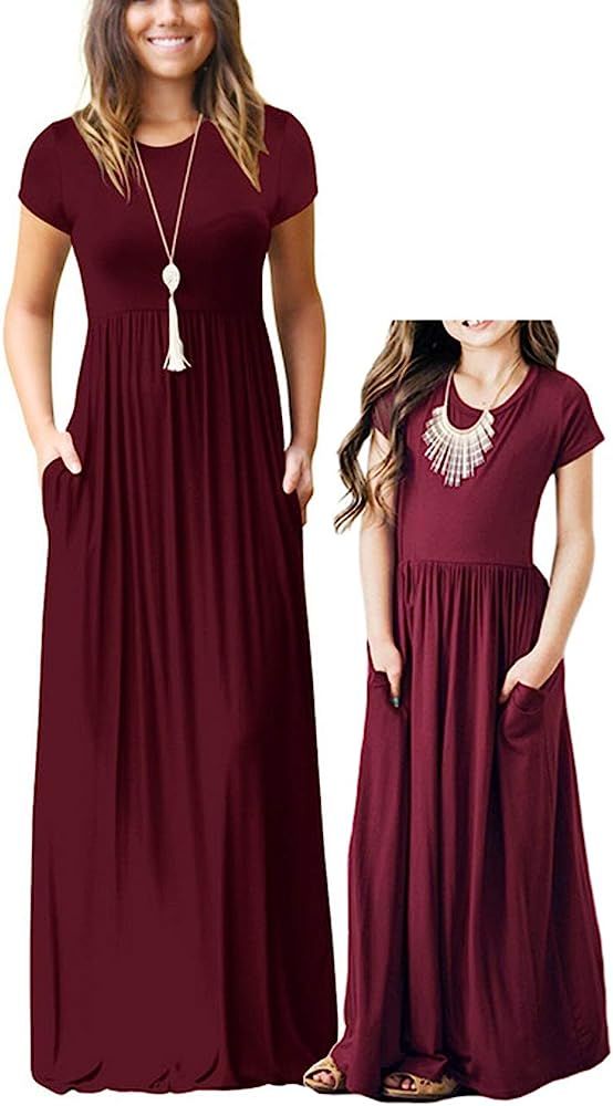 Qin.Orianna Mommy and Me Short Sleeve Loose Plain Family Matching Maxi Dresses with ... | Amazon (US)