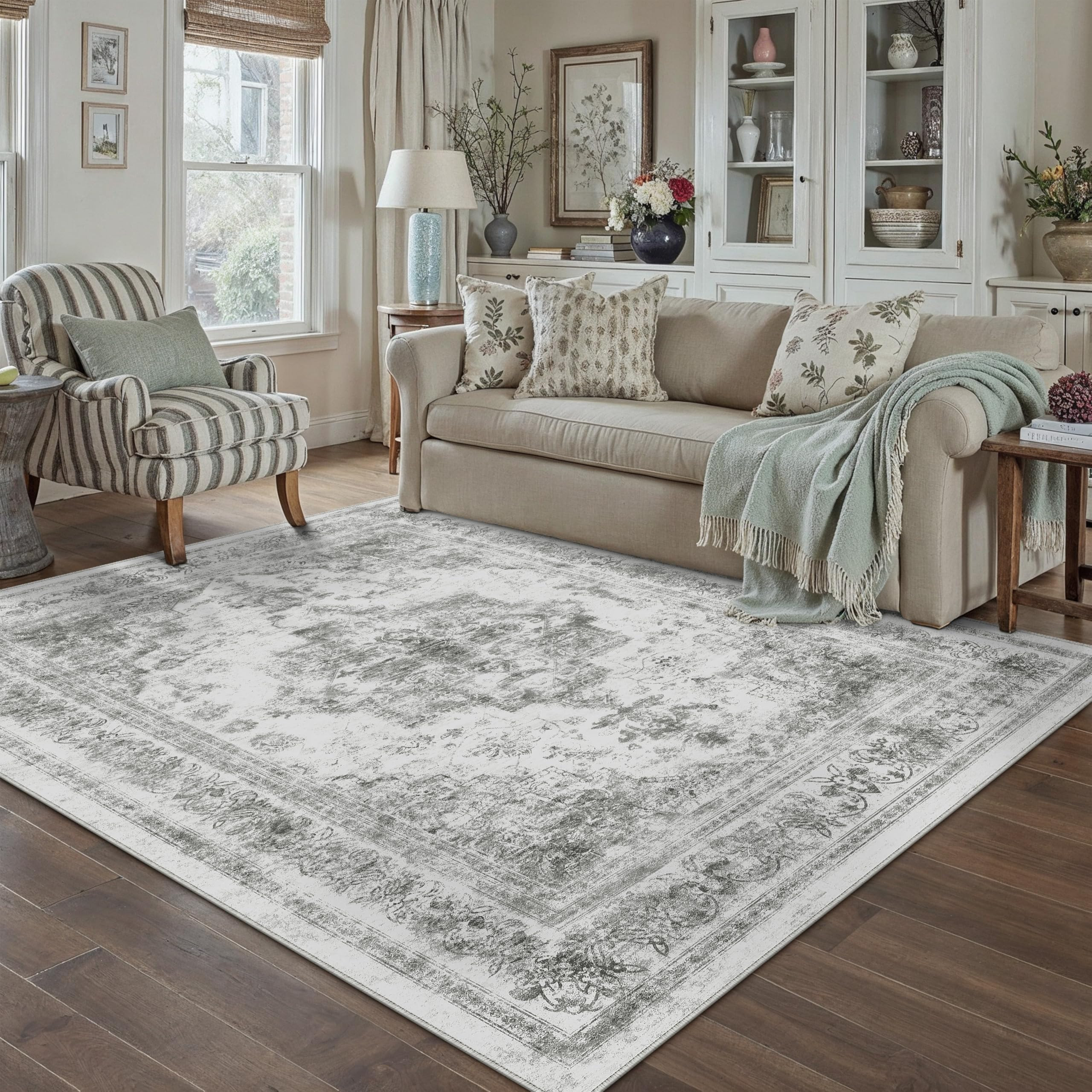 Area Rug 5x7 Washable Gray Rug Vintage Boho Medallion Large Grey Distressed Retro Carpet for Livi... | Amazon (US)