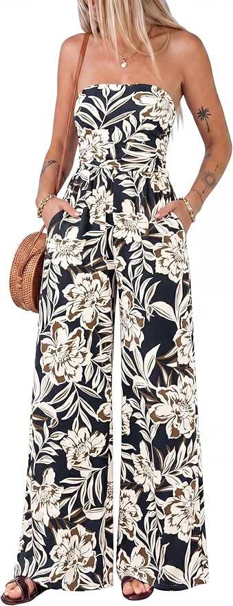 BTFBM Jumpsuits For Women Casual 2026 Floral Strapless Jumpsuit Wide Leg Rompers Beach Vacation C... | Amazon (US)