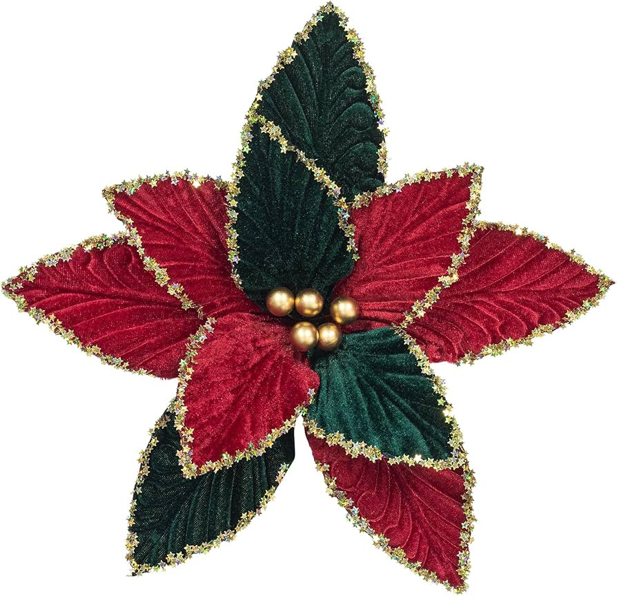 KI Store 6pcs Christmas Tree Poinsettia Flowers 12-Inch Red Green and Gold Velvet Christmas Tree ... | Amazon (US)