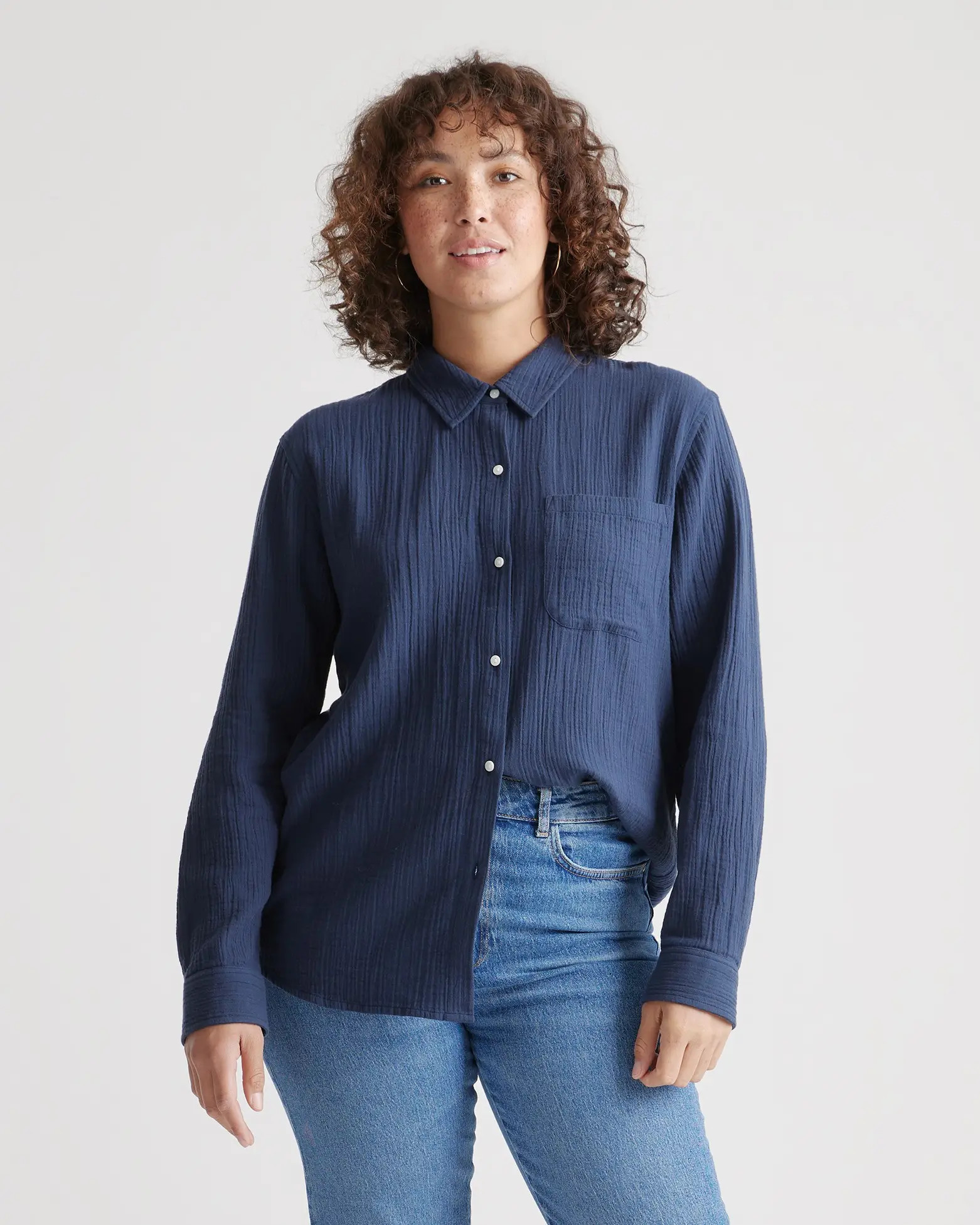 100% Organic Cotton Gauze Long Sleeve Shirt in Indigo Blue | Quince
