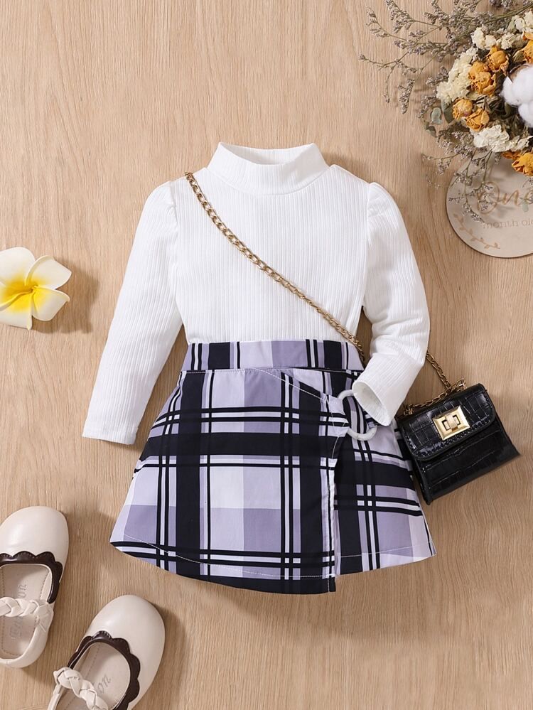 Baby Mock Neck Puff Sleeve Tee & Plaid Print Skirt | SHEIN