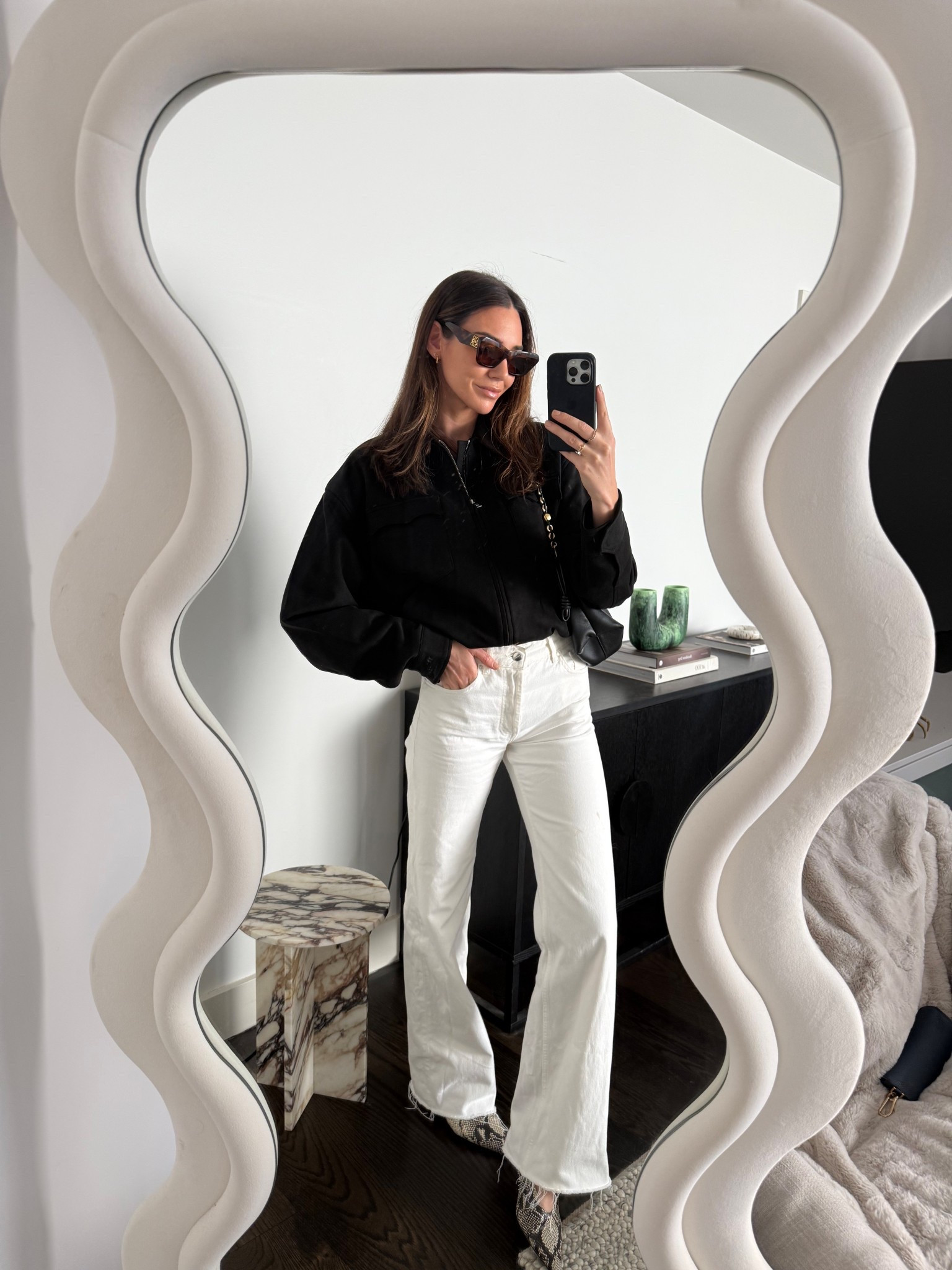 Mondays fit details: 
Black suede jacket 
Anine bing high waisted white denim 
Tony bianco snakeskin kitten heels 
Loewe sunglasses 
Black Loewe bag 

*I’ve added extra pieces I’m loving to achieve the same look x 

#LTKautumn #LTKstyletip #LTKaustralia