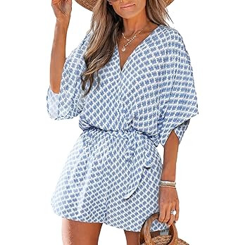 CUPSHE Women's Summer Romper Lace Up Printed Half Sleeves Casual Wide leg Vacation Outfit Mini On... | Amazon (US)