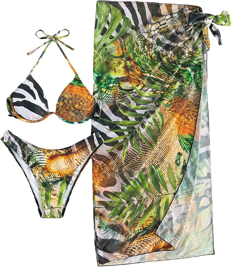 OYOANGLE Women's 3 Pieces Bikini Set Tropical Print Push Up Halter Bikini Swimsuit with Beach Ski... | Amazon (US)