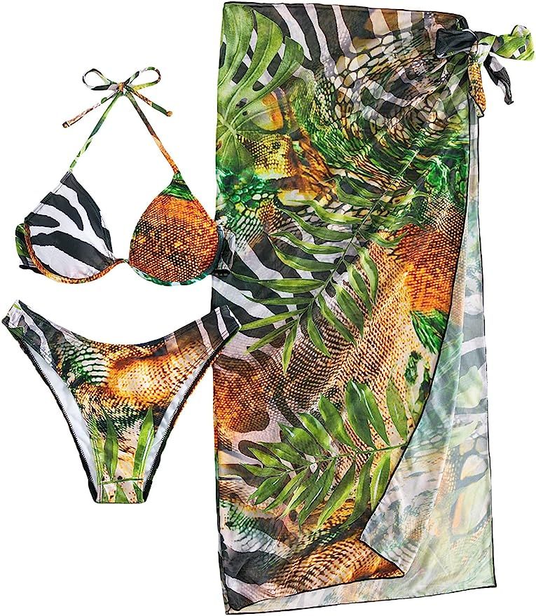 OYOANGLE Women's 3 Pieces Bikini Set Tropical Print Push Up Halter Bikini Swimsuit with Beach Ski... | Amazon (US)