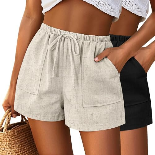 Riyiper Paquete de 2 pantalones cortos de lino con cordón elástico en la cintura para mujer, es... | Amazon (US)