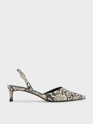 Animal Print Natural Snake-Print Pointed-Toe Slingback Kitten Heels | CHARLES & KEITH UK | Charles & Keith UK