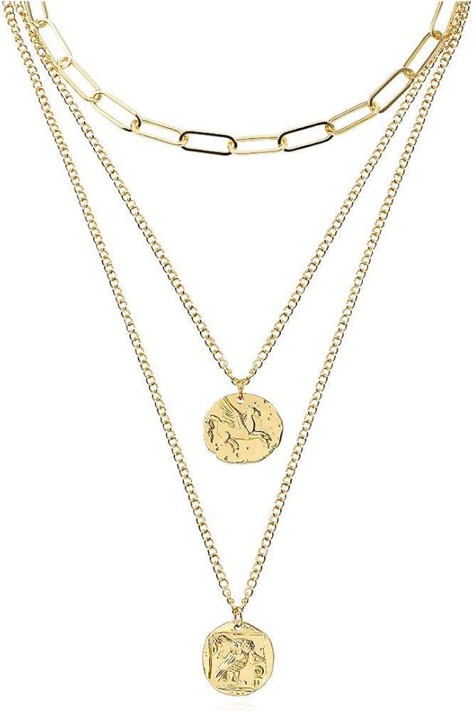 FAMARINE Gold Layered Pendant Long Necklace, 3 Layer Choker Necklace Chain Pendant Costume Jewelr... | Amazon (US)