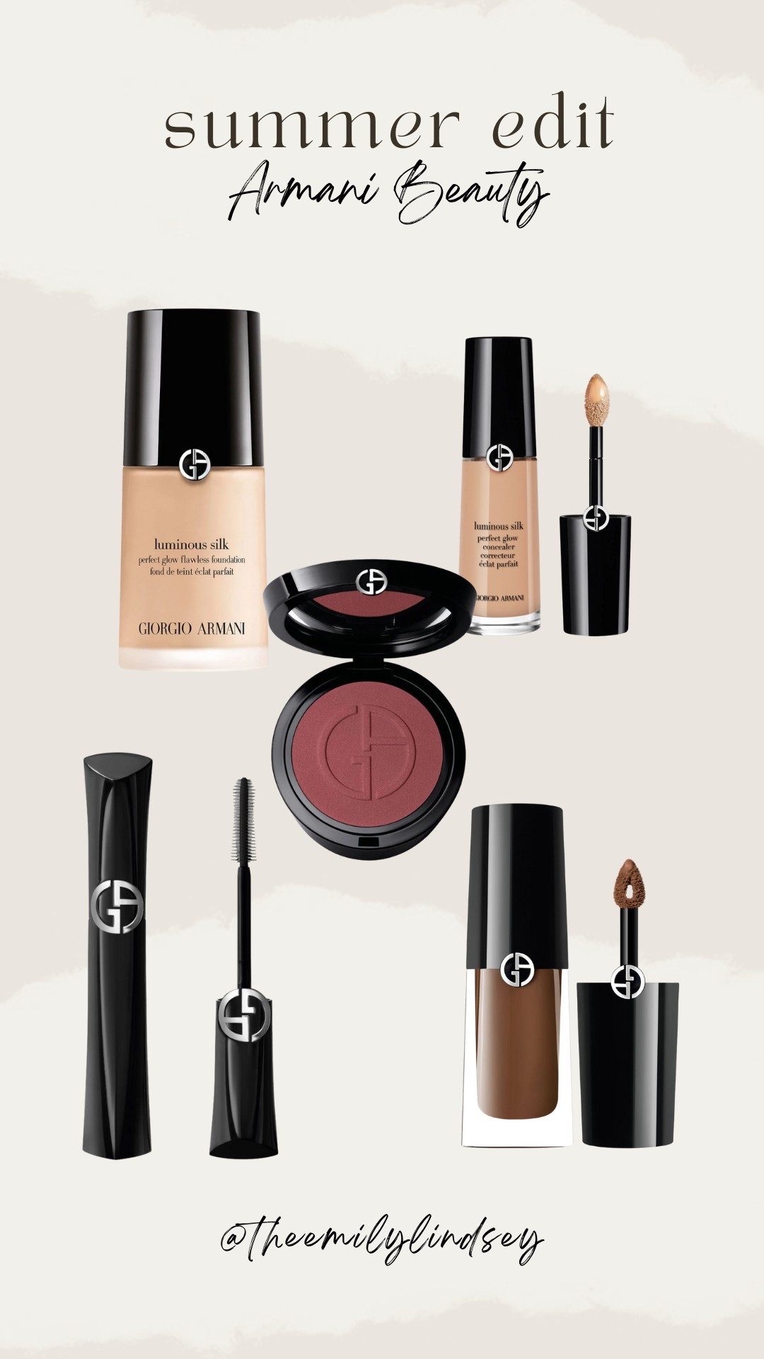 My favorite Armani beauty products! The luminous silk foundation is truly amazing — a pro MUA staple! The concealer is top tier, too. Been loving their new vertigo lift mascara 💯 and their eye tint in shades cashew and wood are my FAVE!!!! The luminous silk blush is 🤌🏼 I love shades ecstasy and mystery. 

The Emily Lindsey, over 30, makeup kit, makeup faves. 

#LTKBeauty #LTKSaleAlert #LTKSummerEdit