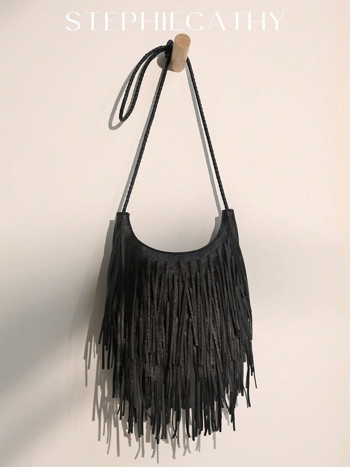 STEPHIECATHY Bohemia Style PU Vegan Leather Tassel Fringe Zipper Closure Braid Long Strap Shoulder Crossbody Bag For Women Casual Hippie Holiday Travel | SHEIN