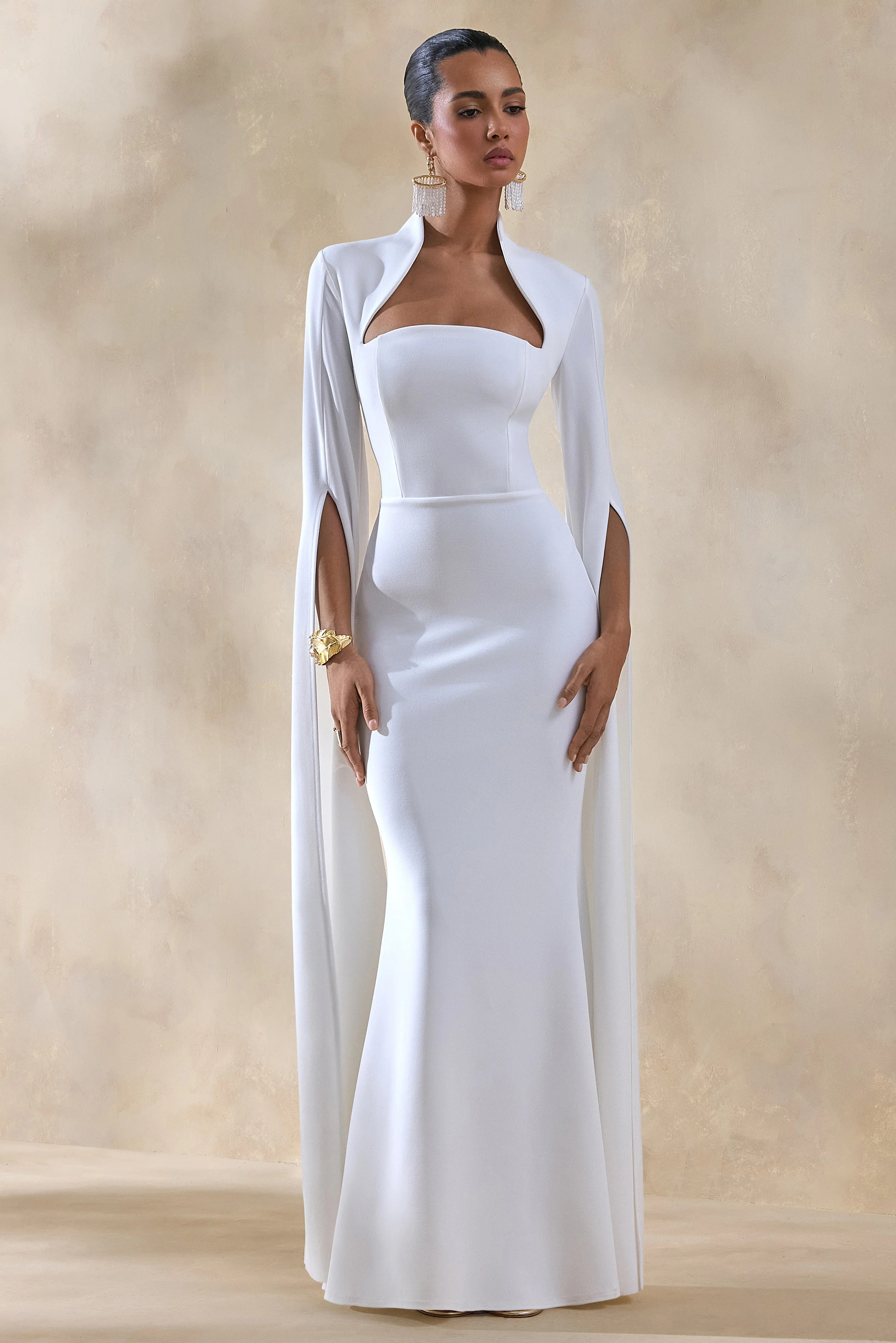 Esme | White Square-Neck Maxi Dress With Cape Sleeves | Club L London