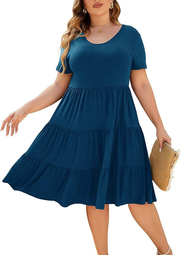 Women's Plus Size Casual Summer Tiered Dresses Short Sleeve Scoop Neck Ruffle Hem Loose Fitting M... | Amazon (US)