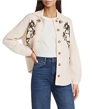 Reba Knit Jacquard Horse Point Collar Long Sleeve Cardigan - S | Dillard's