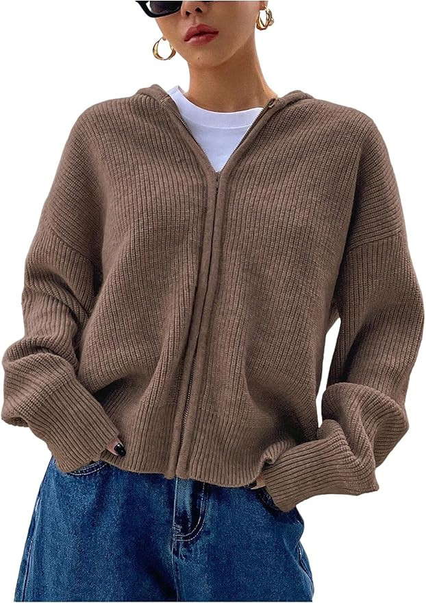 SOLY HUX Women's Zip Up Hooded Cardigan Sweater Knitted Drop Shoulder Fall Hoodies Outerwear | Amazon (US)