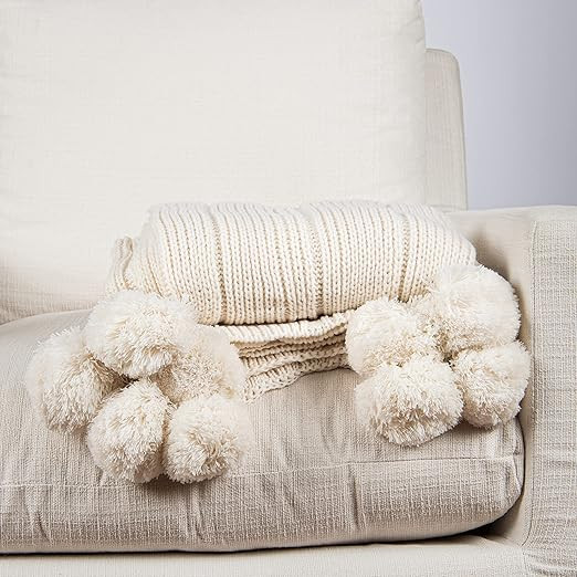 Best Home Fashion Knitted Pom Throw - Ivory - 50" W x 60" L - (1 Throw) | Amazon (US)
